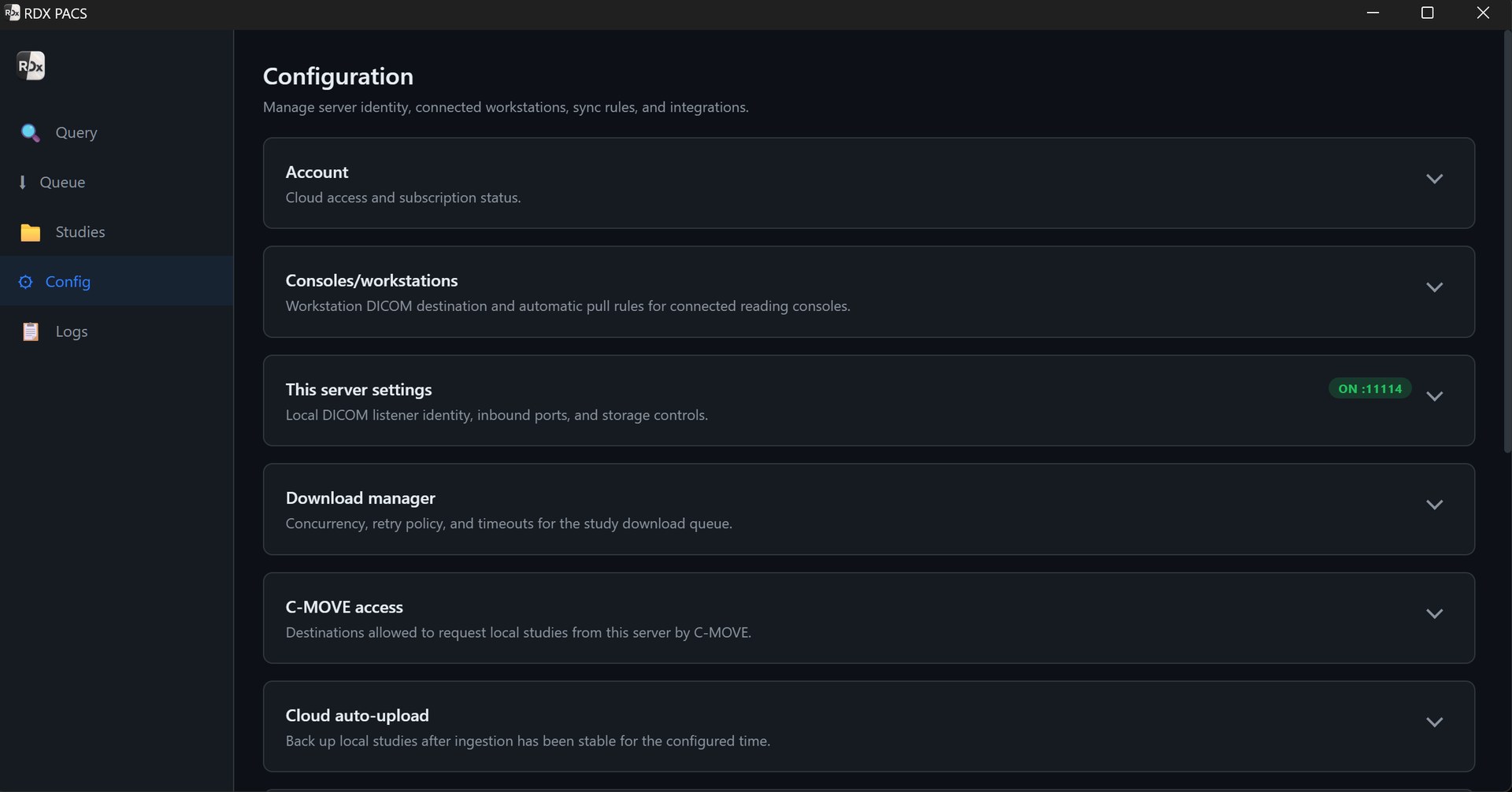 RDx PACS server configuration showing local DICOM server settings, connected workstations, C-MOVE access and cloud auto-upload options